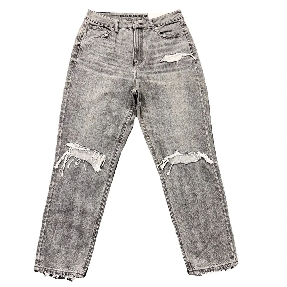 American Eagle Mom‎ Jeans Size 10 (30x28) Stretch Distressed Gray Regular NEW